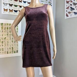 Vintage 1990s BCBG Velvet Mini Dress Brown Empire Waist Mod Size Petite Small
